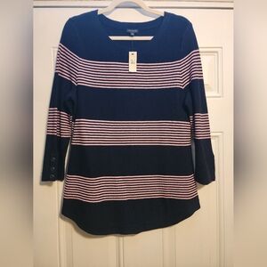 Talbots Navy/ Pink Waffle Knit Striped Long Sleeve Top
